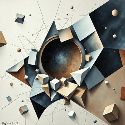 The primary subject of the image is a painting featuring a large, round, blue circle with a black background. The setting is a white wall, and the visual style is a combination of digital art and illustration. The colors and mood of the painting are predominantly black, white, and blue, creating a striking and dramatic atmosphere.